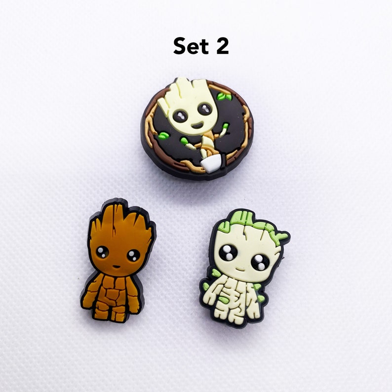 Groot Croc Charms Jibbitz Set for Clogs: Embrace the Galaxy's Cutest Guardian with Playful Footwear Accessories Guardians of the Galaxy Set 2 (3 charms)