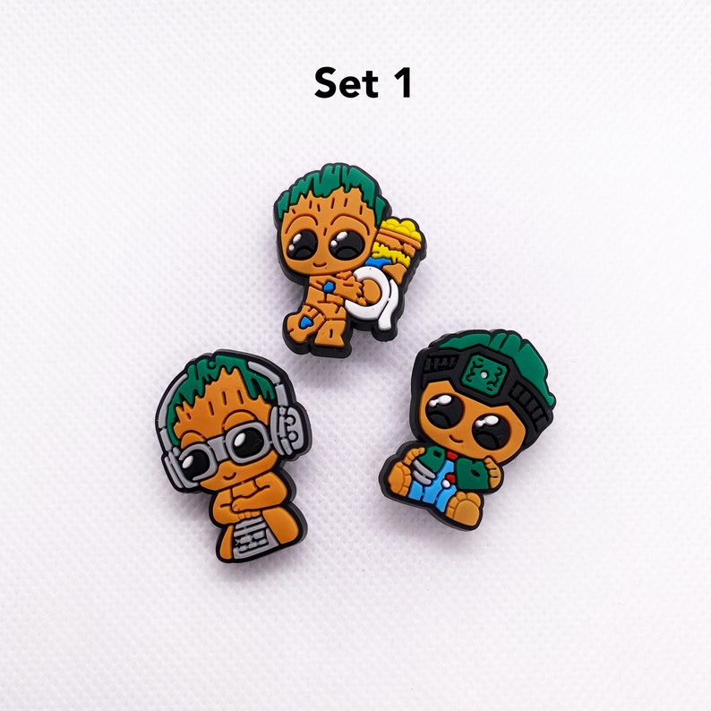 Groot Croc Charms Jibbitz Set for Clogs: Embrace the Galaxy's Cutest Guardian with Playful Footwear Accessories Guardians of the Galaxy Set 1 (3 charms)