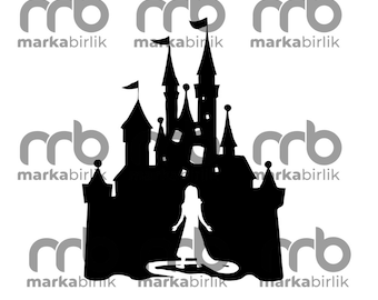 May include: Black silhouette of a fairytale castle with a woman standing in front of it. The castle has multiple towers and a pointed roof. The woman is wearing a long dress and has her arms outstretched.