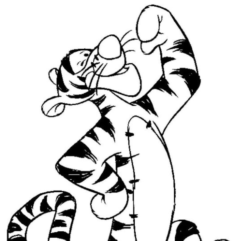 K&ouml;nnte beinhalten: Eine Schwarzwei&szlig;-Zeichnung eines Comic-Tigers mit einem gestreiften Schwanz und einem breiten Grinsen. Der Tiger steht auf seinen Hinterbeinen und hat die Arme in die Luft gestreckt.
