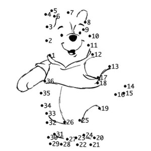 K&ouml;nnte beinhalten: Eine Punkte-Verbindungsaktivit&auml;t mit Winnie Puuh, einem beliebten Comic-B&auml;ren. Das Bild zeigt nummerierte Punkte, die, wenn sie in der richtigen Reihenfolge verbunden werden, die Umrisse von Winnie Puuh bilden.