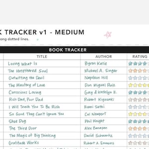 May include: A white book tracker titled "BOOK TRACKER v1 - MEDIUM" with a list of book titles, authors, and ratings. The titles include "Loving What Is" and "The Untethered Soul". The authors include Byron Katie and Michael A. Singer.