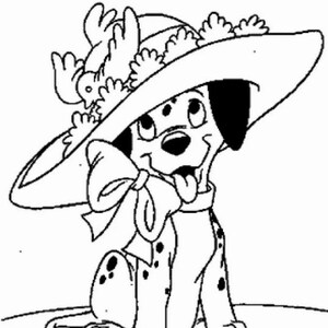 K&ouml;nnte beinhalten: Ein schwarz-wei&szlig;er Dalmatiner-Cartoon-Hund, der einen gro&szlig;en, breitkrempigen Hut mit Schleife und Blumen tr&auml;gt. Der Hund sitzt und schaut nach rechts.