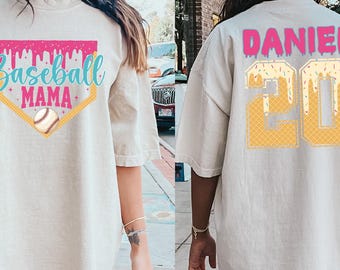 Comfort Colors® Baseball Mama Shirt, Ice Cream Drip Custom Name Number Tee