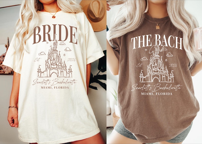 two women wearing t-shirts with the same design, which appears to be a graphic or illustration of a castle or palace. The text on the t-shirts reads "Bridal" and "The Bach" along with the location "Scottish Bachelorette Miami, Florida".