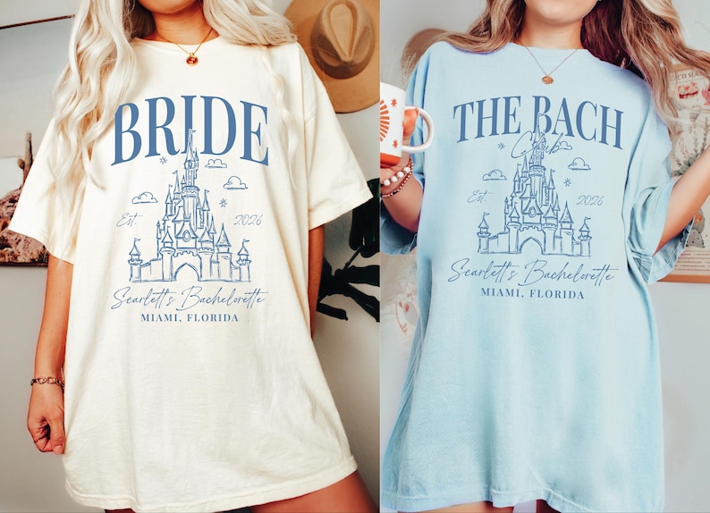 two women wearing t-shirts with the same design, which appears to be a graphic or logo related to a bachelorette party.