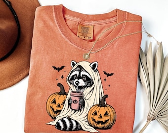 Comfort Colors® Raccoon Halloween Shirt, Ghost Raccoon Shirt, Pumpkin Coffee Shirt, Womens Halloween Gift, Animal Lovers Halloween Shirt