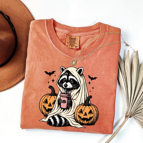 Comfort Colors® Racoon Halloween Shirt, Ghost Racoon Shirt, Pumpkin Coffee Shirt, Womens Halloween Gift, Animal Lovers Halloween Shirt