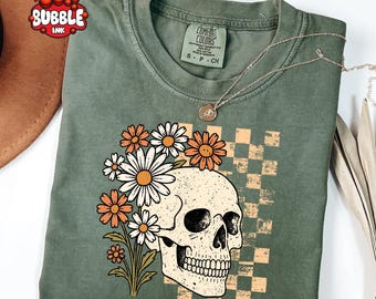 Comfort Colors® Retro Skull Shirt, Halloween Skeleton Shirt, Floral Skull Shirt, Womens Halloween Gift, Spooky Season