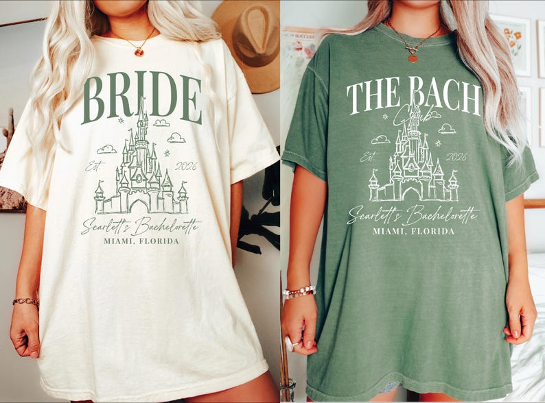 two women wearing t-shirts with the same design, which appears to be a graphic or illustration of a castle or palace. The text on the t-shirts reads "Bridal" and "The Bachelorette" along with the location "Miam, Florida".