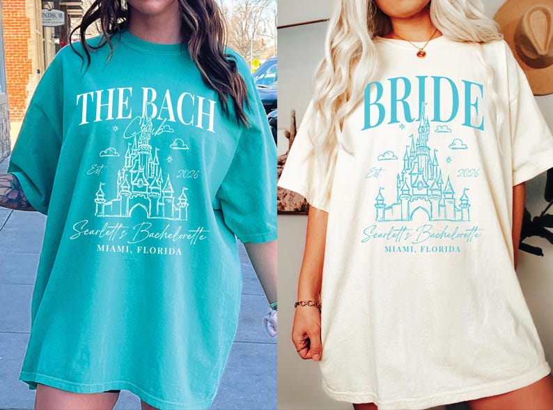 two different t-shirt designs featuring a castle and the text "The Bach" and "Bridal" printed on them.
