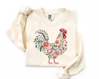 Camiseta de San Valentín con pollo floral Comfort Colors®, camiseta de San Valentín con animales para mujer, regalo de San Valentín de granjero