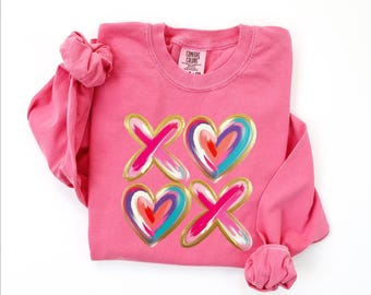 Camisa de manga larga con pinceladas de corazón para San Valentín XOXO de Comfort Colors®, camisa de corazón para mujer, regalo de amor