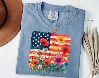 Comfort Colors® Wildflowers Flag USA Shirt, 4th of July Shirt, Independence Day Celebration Shirt, Floral USA Flag Shirt, Patriotic Shirt