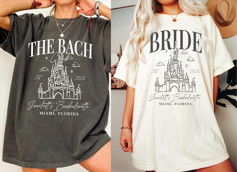 two t-shirts with the same design, one gray and one white, both with the text "THE BACH" and "Scottie's Bachelorette" printed on them.