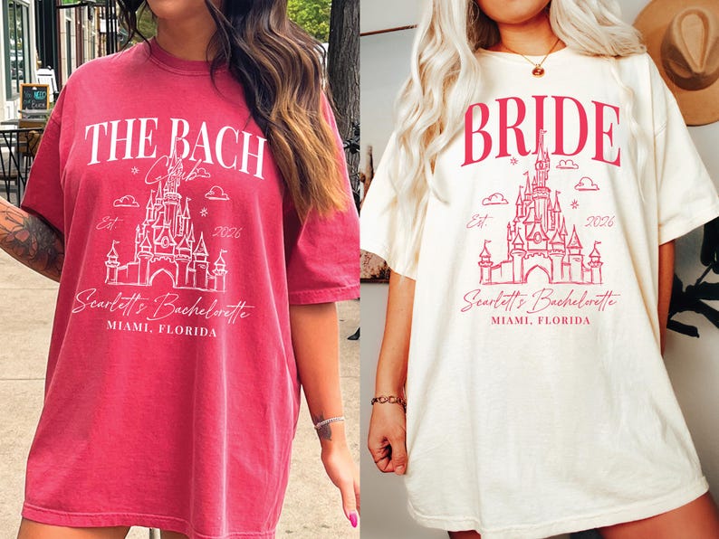 two women wearing t-shirts with the same design, featuring a castle and the text "The Bach" and "Bridal" printed on them.