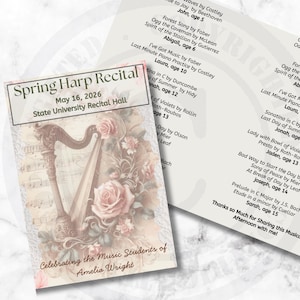 Peut inclure: Un programme imprimé pour un récital de harpe de printemps le 16 mai 2026 au State University Recital Hall. La couverture présente une illustration de harpe, des roses roses et des notes de musique. L'intérieur liste les morceaux et élèves.