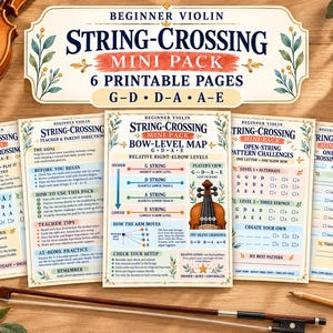 May include: A set of six printable pages for beginner violin string-crossing exercises. The pages feature instructional text, bow-level maps, and tracking charts with floral borders. A violin bow and a wooden pencil are placed below the papers.