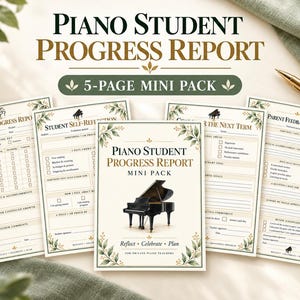 Utskrivbar rapport om elevens framsteg i piano, lärarbedömning och målsättningsformulär, minipaket med 5 sidor