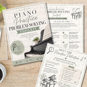 May include: A printed piano practice problem-solving toolkit featuring multiple pages with instructional text, diagrams of grand pianos, and checklists. The documents include headers like Piano Practice Problem-Solving Toolkit and Meet the Practice Detective.