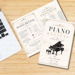 May include: A piano recital program template featuring a black grand piano illustration, gold decorative borders, and text including "Welcome to our PIANO RECITAL," "PERFORMANCE PROGRAM," and "CELEBRATING THE BEAUTY OF MUSIC" on a cream-colored background.