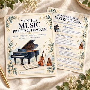 May include: A monthly music practice tracker sheet featuring a grand piano, violin, and metronome illustration. The text reads Monthly Music Practice Tracker, Goals, Practice, Progress, Reflection, For Piano, Violin & Music Students, and Name.