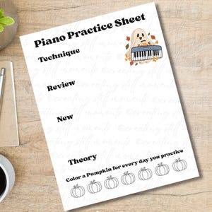 以下が含まれることがあります： ピアノ練習シートと書かれた白い用紙。太字の黒いテキストでPiano Practice Sheet、Technique、Review、New、Theoryと記載されています。上部にはキーボードを弾く漫画の幽霊と秋の葉やキャンディコーンが描かれ、下部には7つのカボチャの輪郭が並んでいます。