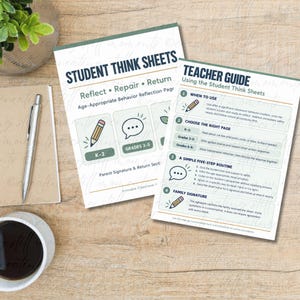 May include: Two printed documents titled Student Think Sheets and Teacher Guide. The sheets feature text, pencil and speech bubble icons, and sections for K-2 and grades 3-5. A silver pen and a notebook are placed nearby on a wooden surface.