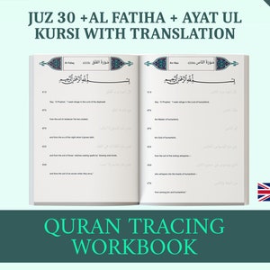 Puede incluir: Un cuaderno de trabajo de caligrafía del Corán con el texto "Juz 30 + Al Fatiha + Ayat ul Kursi with Translation" en azul y verde sobre un fondo blanco. El cuaderno tiene dos páginas abiertas, mostrando texto árabe y traducciones al inglés.
