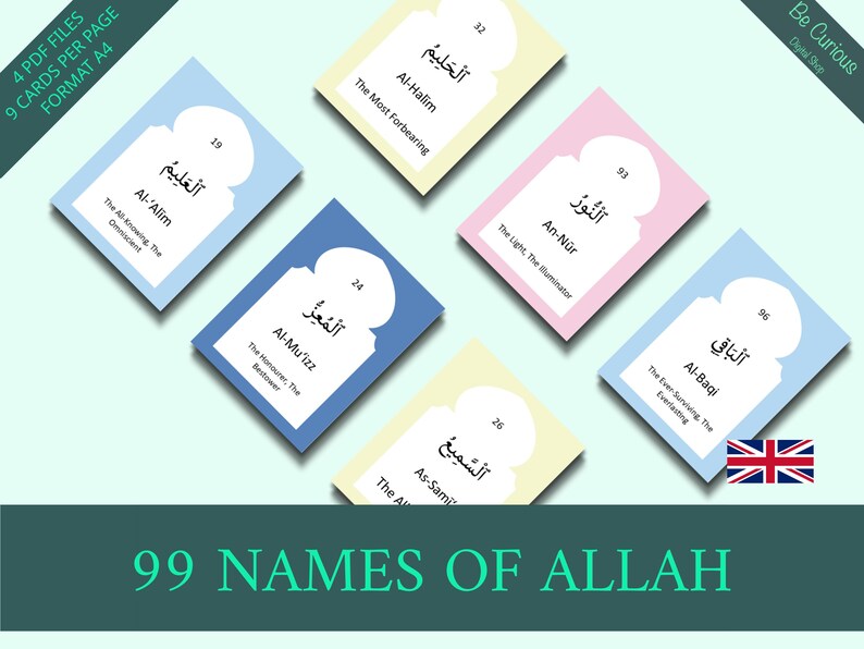 99 Names Of Allah Flashcards - Dual Language Arabic English With Quran Verses Islamic Learning