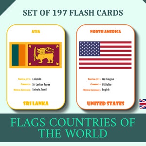 Op de afbeelding: Set van 197 flashcards met vlaggen van de wereld. De kaarten tonen de vlaggen van Sri Lanka en de Verenigde Staten, met informatie over hoofdsteden, valuta's en officiële talen. De tekst "Flags Countries of the World" is ook aanwezig.