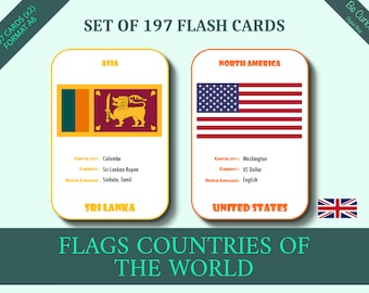 World Flags Flashcards Bundle | 394 Cards 197 Countries Geography Kids (PDF)