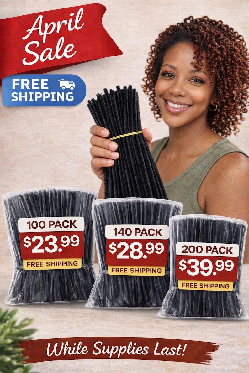 May include: The image features bundles of black pipe cleaners in various pack sizes, with the text "April Sale" and "While Supplies Last!" displayed. A woman is holding a bundle of pipe cleaners. The image also shows the text "Free Shipping".