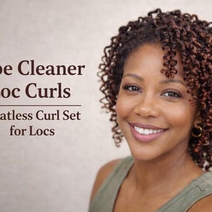 May include: A woman with brown curly hair and a warm smile. The image includes text that reads "Pipe Cleaner Loc Curls" and "Heatless Curl Set for Locs". The woman is wearing a green top.