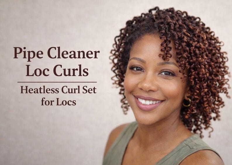 May include: A woman with brown curly hair and a warm smile. The image includes text that reads "Pipe Cleaner Loc Curls" and "Heatless Curl Set for Locs". The woman is wearing a green top.