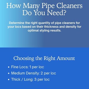 May include: Image with text: "How Many Pipe Cleaners Do You Need?" and instructions for loc styling. Includes recommendations for fine, medium, and thick locs, and the number of pipe cleaners needed.