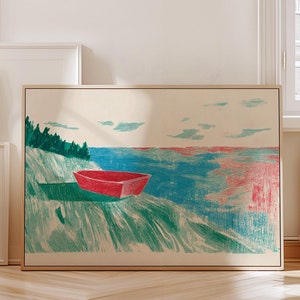 Minimalist Boat and Seascape Painting | Digital Download | Island Painting | Boho Wall Art | Sea Art | Farmhouse art Print | Nautical Art