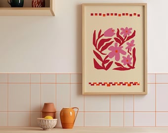 Abstract Floral Print: Retro Pink & Orange Botanical Art (Digital Download)