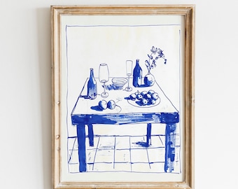 Mediterranean Table Print: Blue Kitchen Art, Farmhouse Decor (Digital Download)