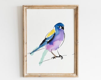 Impresión artística de acuarela de loro: Ilustración minimalista de una casa de campo (descarga digital)