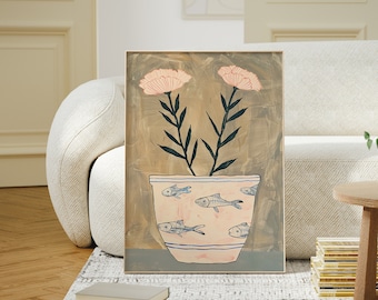 Impresión vintage de bodegón mediterráneo: Jarrón floral rústico (descarga digital)