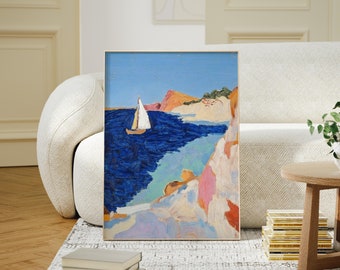 Impresión artística de paisaje marino griego pastel: Decoración costera minimalista (descarga digital)