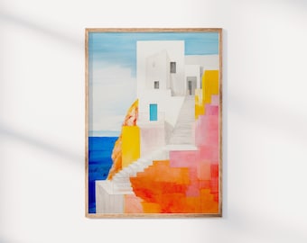 Impresión artística abstracta de una isla griega: Boceto costero (descarga digital)