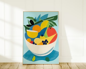 Lámina artística de un frutero colorido: Bodegón de cocina moderna (descarga digital)