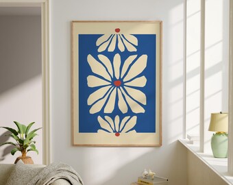 Mediterranean Blue Floral Art Print: Modern Abstract Flower Pattern (Digital Download)