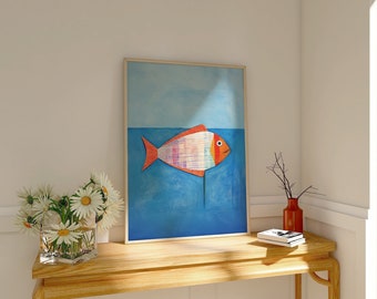 Lámina artística de peces marinos azules: decoración de pared costera bohemia (imprimible)