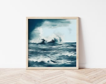 Lámina artística abstracta de olas marinas: decoración costera minimalista azul (descarga digital)