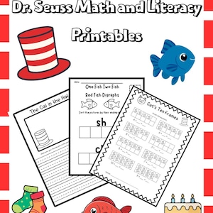 Puede incluir: Ilustración de imprimibles educativos con temática del Dr. Seuss. La imagen presenta un sombrero a rayas rojas y blancas, un pez azul, un pez rojo y una tarta de cumpleaños. Los imprimibles incluyen actividades de matemáticas y alfabetización.