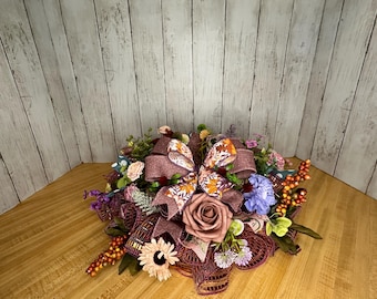 Fall candle holder Centerpiece, Fall Floral Arrangement, Autumn Table Floral, Pumpkin Centerpiece