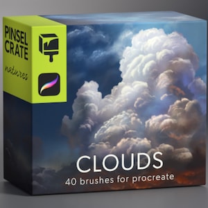 Peut inclure: Une boîte de 40 pinceaux Procreate pour créer des nuages réalistes. La boîte présente une image vibrante de nuages blancs et moelleux sur un fond de ciel bleu. Le texte "Pinsel Crate natures" et "CLOUDS" est visible sur la boîte.